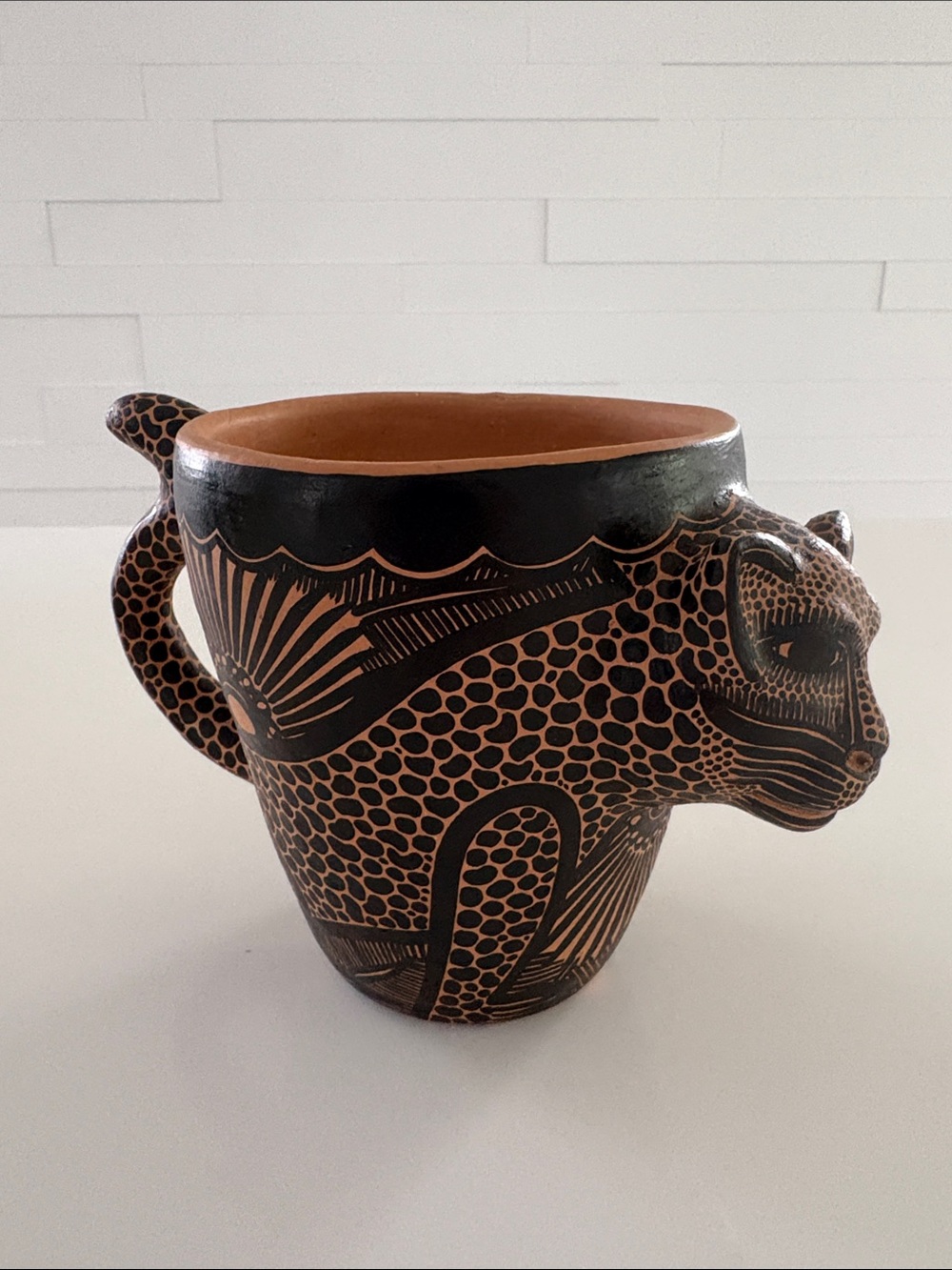 Handcrafted Black and Terracotta Ceramic Cat Sculpture mug